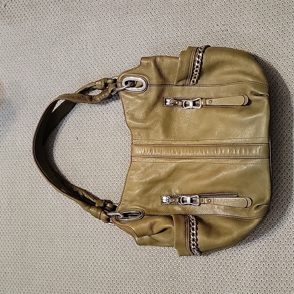 B.Makowsky Olive Leather Shoulder Bag with Zippered Pockets & Chain Detailing
